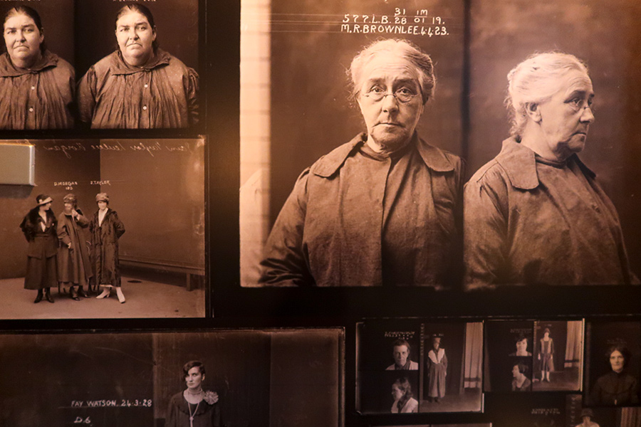 Photos from an asylum adorn the walls of the bathrooms.  Weird.